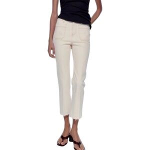 Zara High Waist Mini Flare Jeans Beige Cream Raw Hem 10 Preppy Boho Patch Pocket
